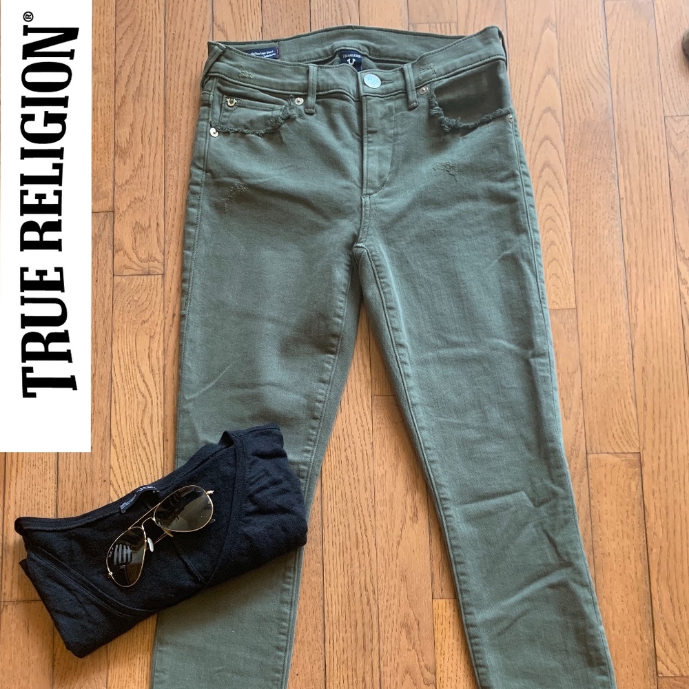 TRUE RELIGION HALLE Olive Super Skinny Crop- 27